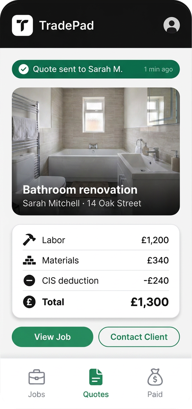 TradePad app interface showing job management, quotes, and payments